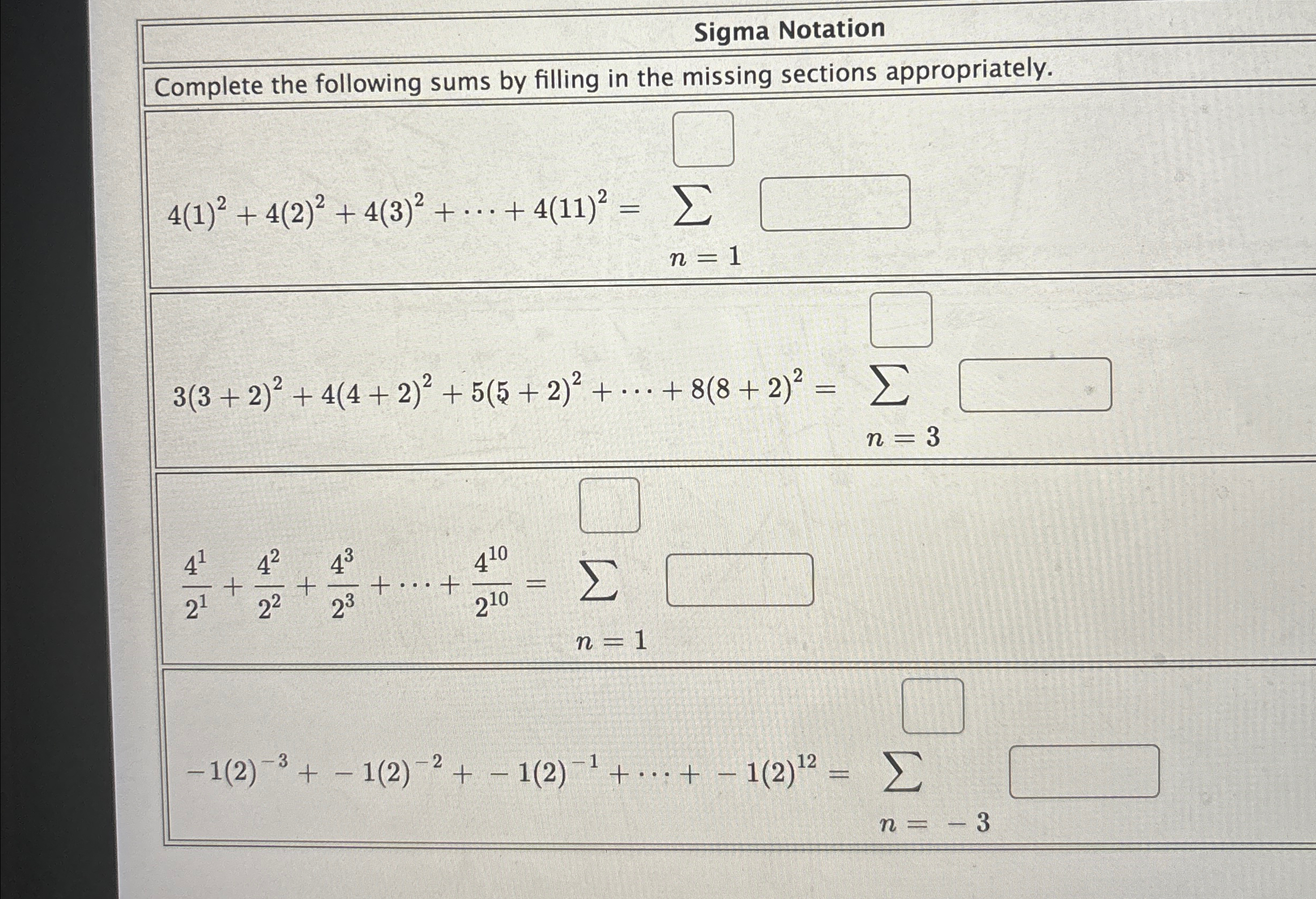 Solved Sigma NotationComplete the following sums by filling | Chegg.com
