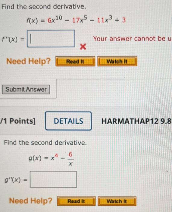 Solved Find The Second Derivative F X 6x10−17x5−11x3 3