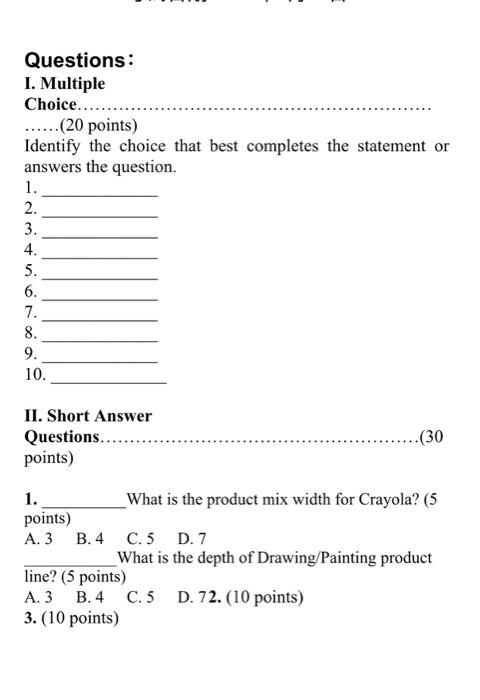 Solved Questions: I. Multiple Choice........ ......(20 | Chegg.com