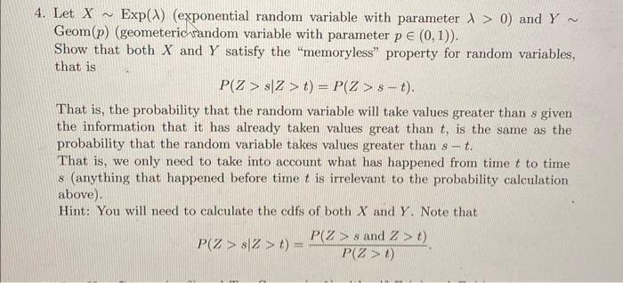 Solved 4. Let X∼Exp(λ) (exponential random variable with | Chegg.com