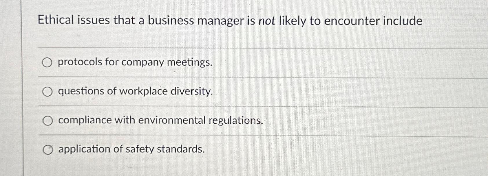 Solved Ethical issues that a business manager is not likely | Chegg.com