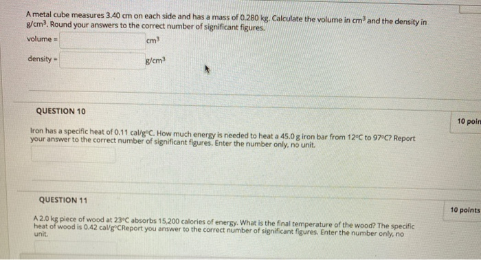 View question - A block with a volume of 12 cm3 has a density of 3 g/cm3.  The block is cut into two pieces. One piece has a volume of 8