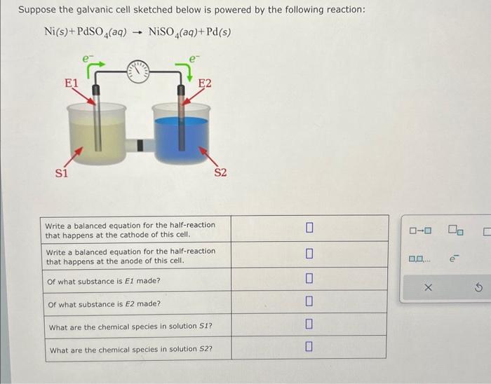 Suppose the galvanic cell sketched below is powered by the following reaction:
\[
\mathrm{Ni}(s)+\mathrm{PdSO}_{4}(a q) \righ