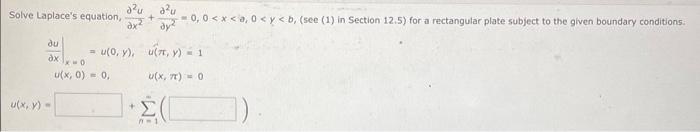 Solve Laplaces equation, \( \frac{\partial^{2} u}{\partial x^{2}}+\frac{\partial^{2} u}{\partial y^{2}}=0,0<x<d, 0<y<b \), (