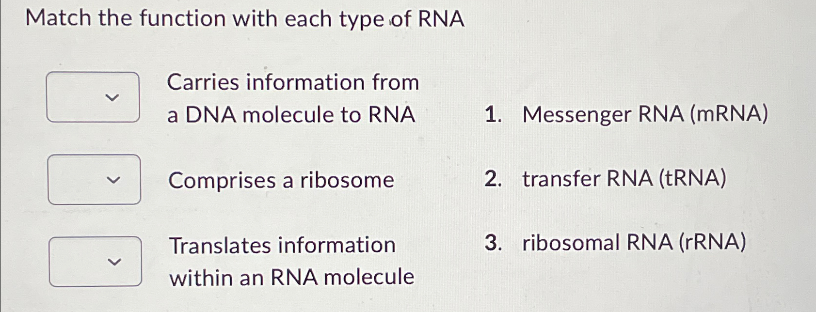 Solved Match the function with each type of RNACarries | Chegg.com