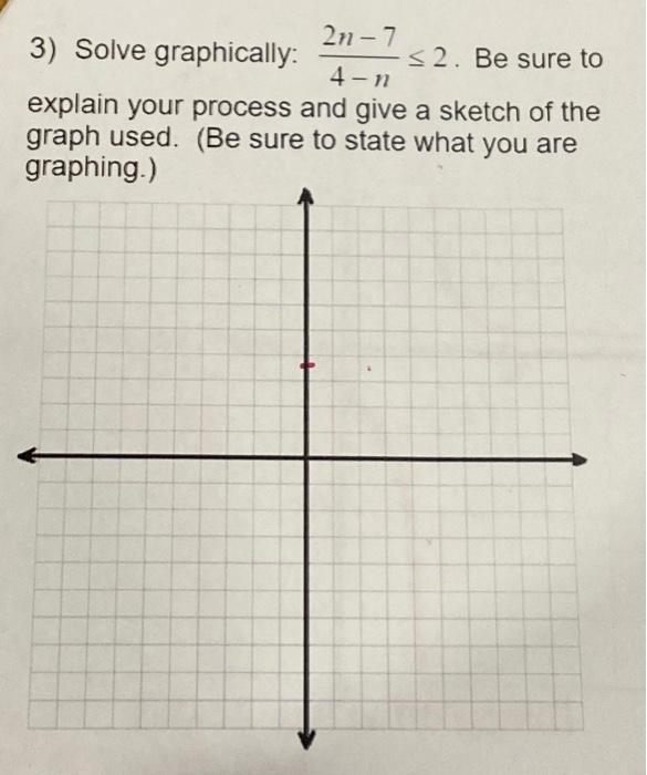 Solved 3) Solve graphically: 4−n2n−7≤2. Be sure to explain | Chegg.com