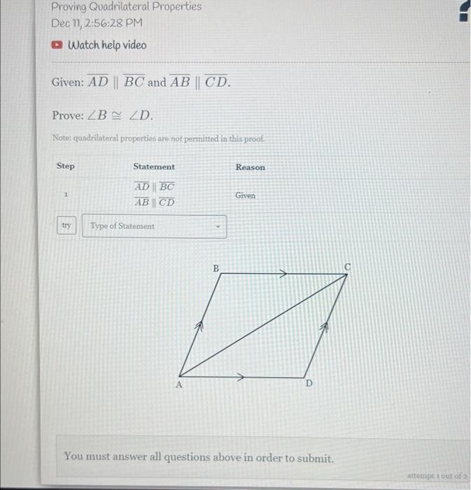 Solved Given: AD∥BC And AB∥CD. Prove: ∠B≅∠D Note: | Chegg.com