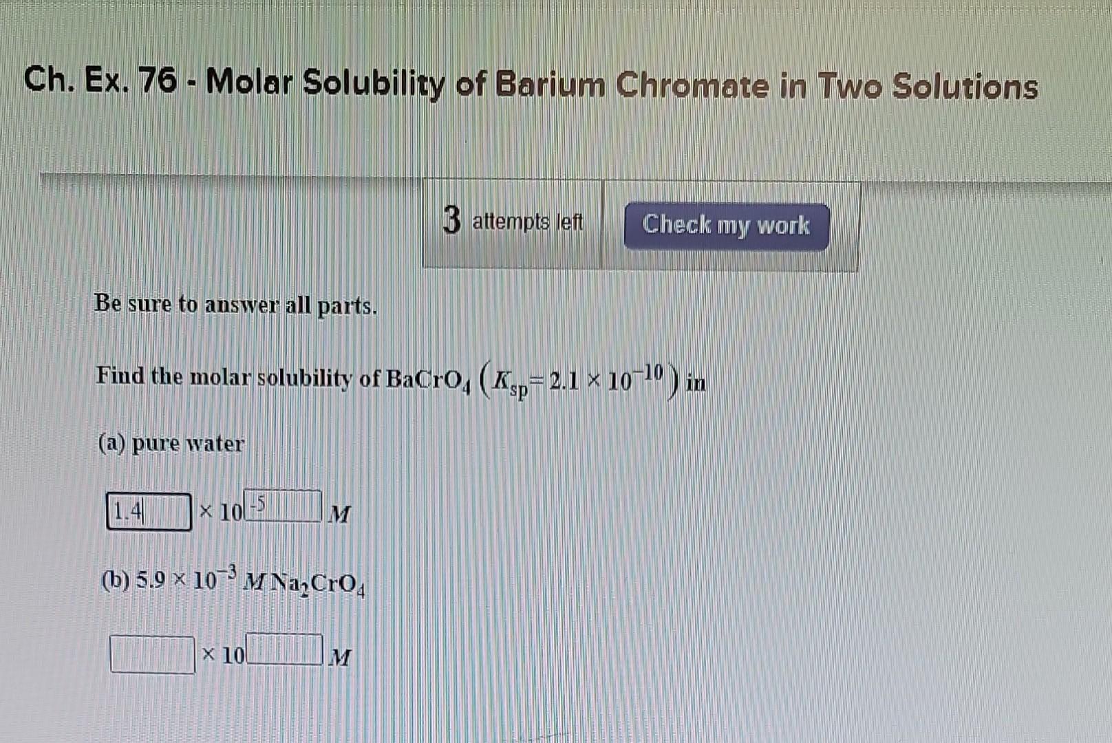 Solved Ch. Ex. 76 Molar Solubility of Barium Chromate in