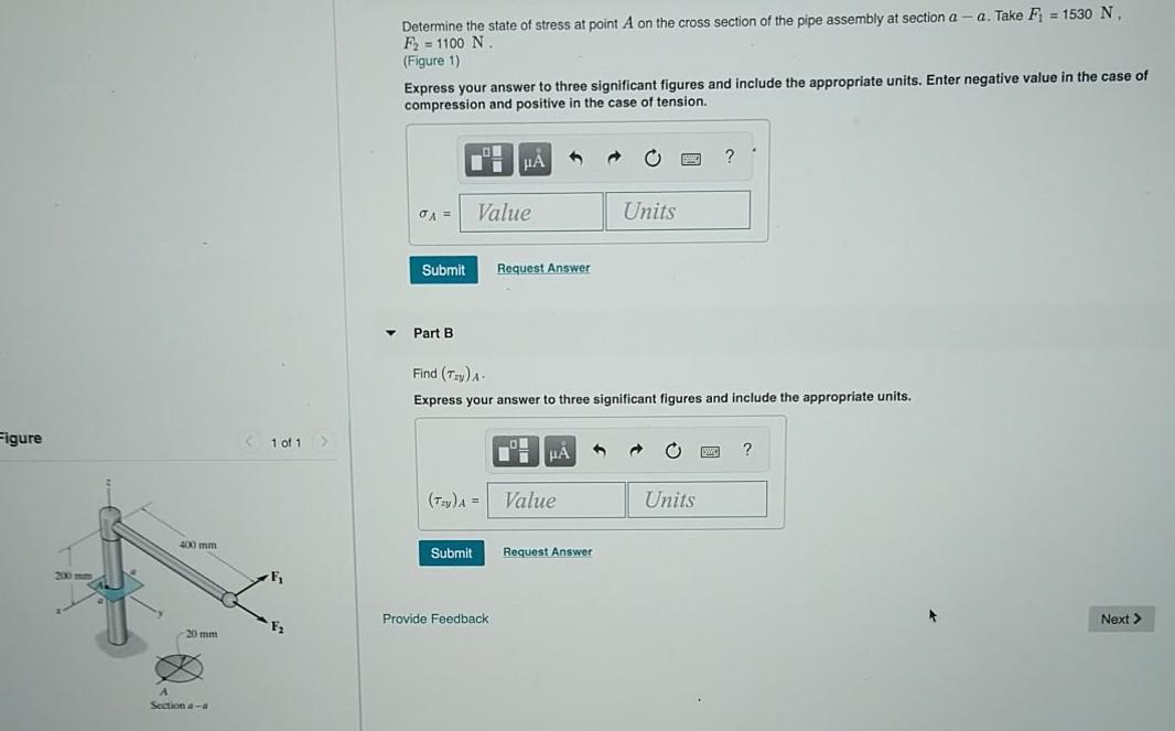 Solved Determine the state of stress at point A on the cross | Chegg.com
