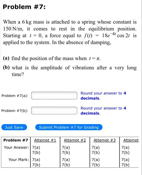 Solved When a 6 kg mass is attached to a spring whose | Chegg.com