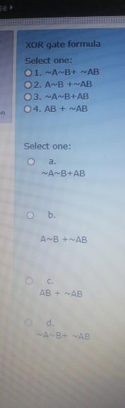 Solved Xor Gate Formula Select One 1 Ab Ab 2 A B Ab 3 Chegg Com