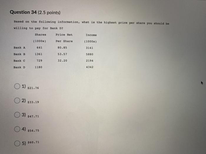 Solved Question 34 (2.5 points) Based on the following | Chegg.com