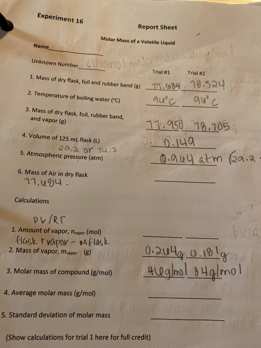 experiment 1 calculating the molar mass of ethanol