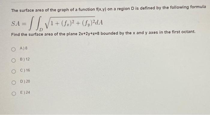 Solved The surface area of the graph of a function f(x,y) on | Chegg.com