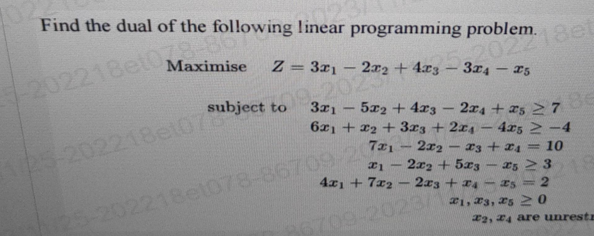 Solved Find the dual of the following linear programming | Chegg.com