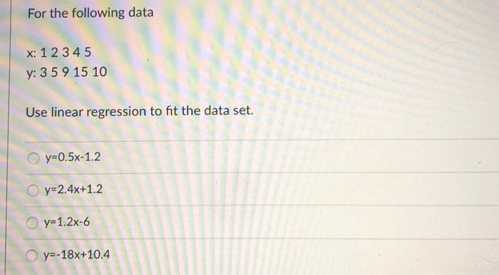 Solved For the following data X: 1 2 3 4 5 y: 3 5 9 15 10 | Chegg.com