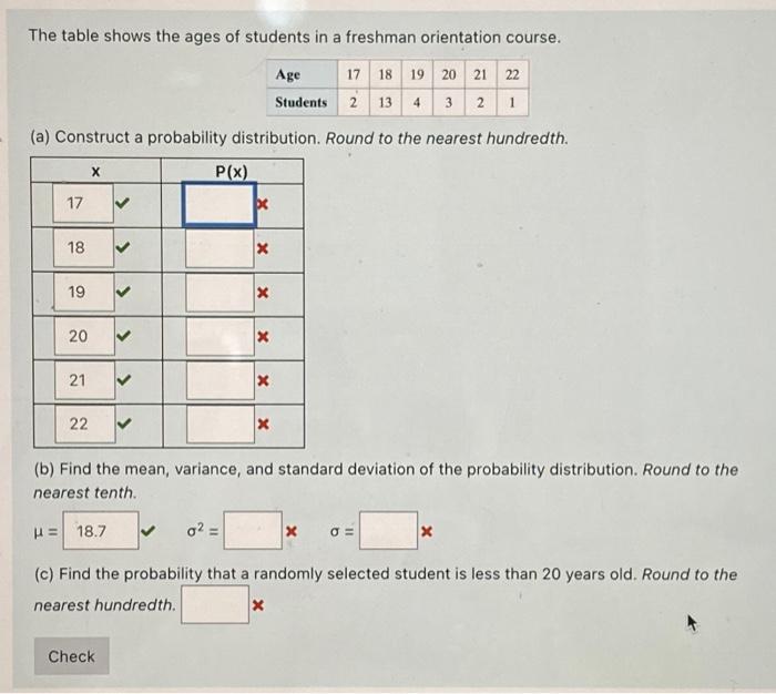 Solved The table shows the ages of students in a freshman | Chegg.com