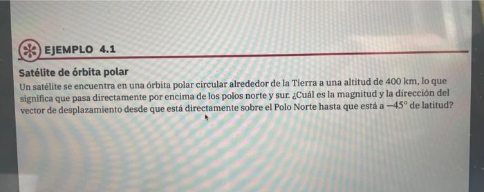 Satélite de órbita polar Un satélite se encuentra en una órbita polar circular alrededor de la Tierra a una altitud de \( 400