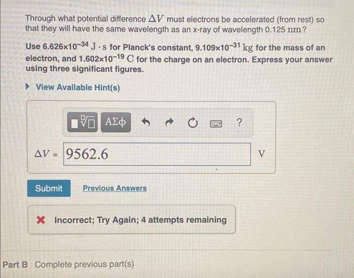 Solved Through What Potential Difference Av Must Electrons Chegg Com