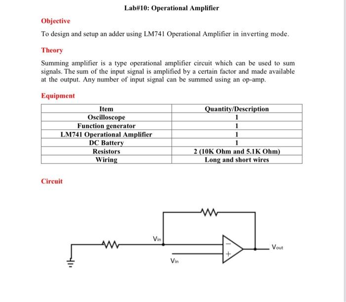 Solved Lab#10: Operational Amplifier Objective To design and | Chegg.com