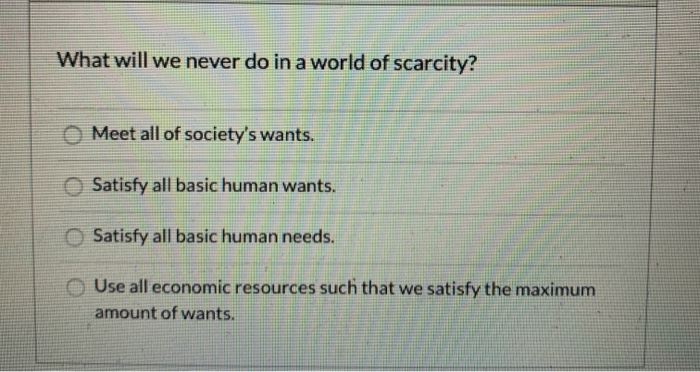 Solved What will we never do in a world of scarcity? Meet | Chegg.com