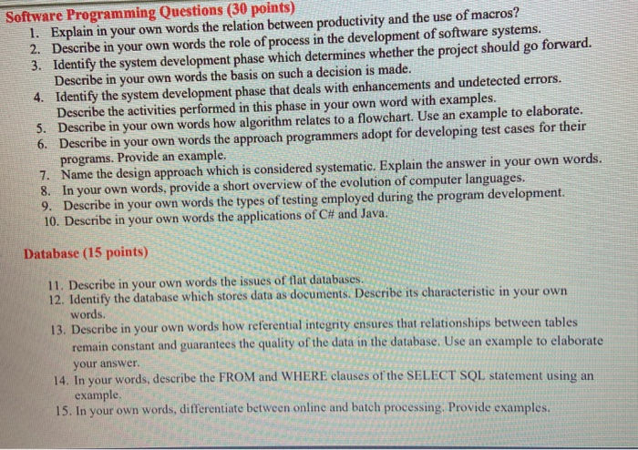 Solved Software Programming Questions (30 points) 1. Explain | Chegg.com