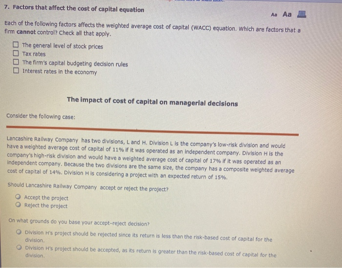 Solved 7. Factors that affect the cost of capital equation | Chegg.com