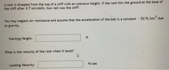 Solved A rock is dropped from the top of a cliff with an | Chegg.com