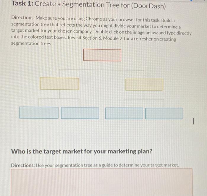 Task 1: Create a Segmentation Tree for (DoorDash)
Directions: Make sure you are using Chrome as your browser for this task. B