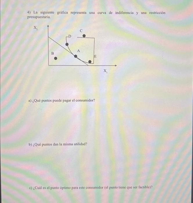 4) La siguiente gráfica representa una curva de indiferencia y una restricción presupuestaria. \( x \) a) ¿Qué puntos puede p