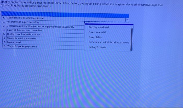 Solved Identify Each Cost As Either Direct Materials Direct Chegg