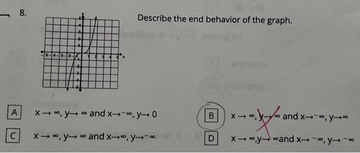 Describe the end behavior of the graph. \[ \begin{array}{l} x \rightarrow \infty, y \rightarrow \infty \text { and } x \right