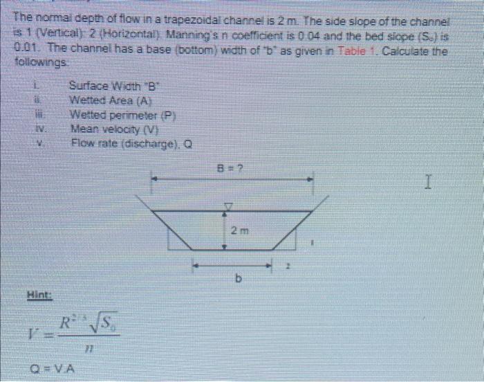 Solved The noima depth of flow in a trapezoidal channe is 2 | Chegg.com
