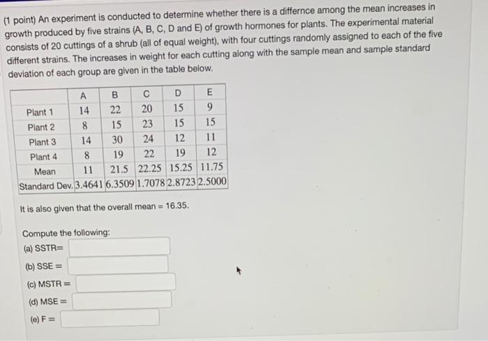 Solved (1 point) An experiment is conducted to determine | Chegg.com