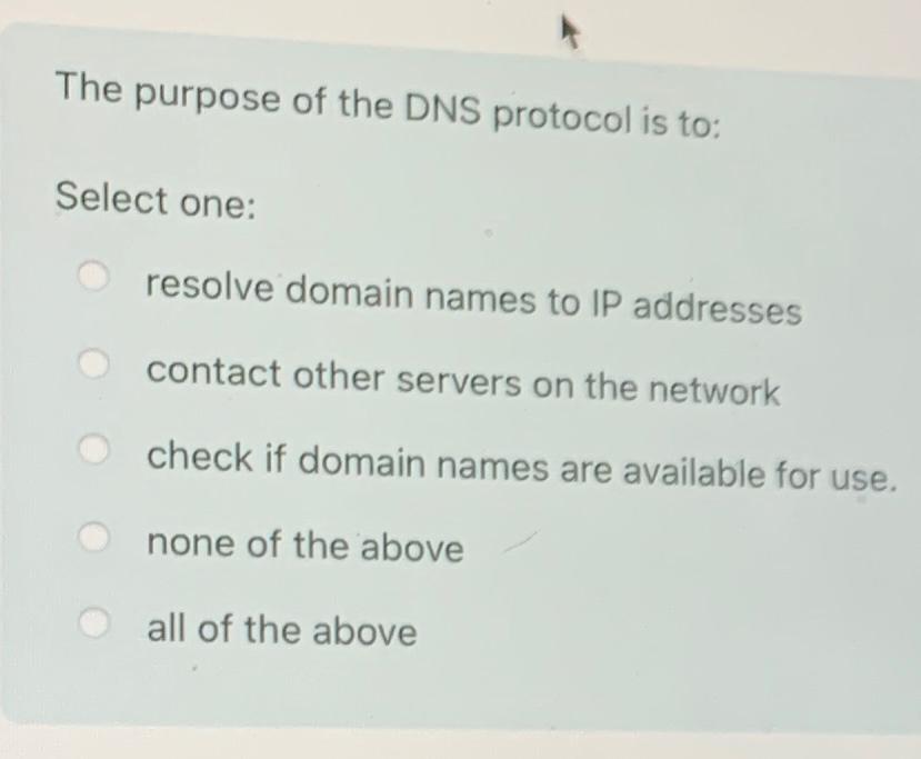 Solved The purpose of the DNS protocol is toSelect one