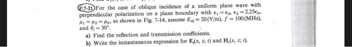 Solved (2.7-21) For the case of oblique incidence of a | Chegg.com