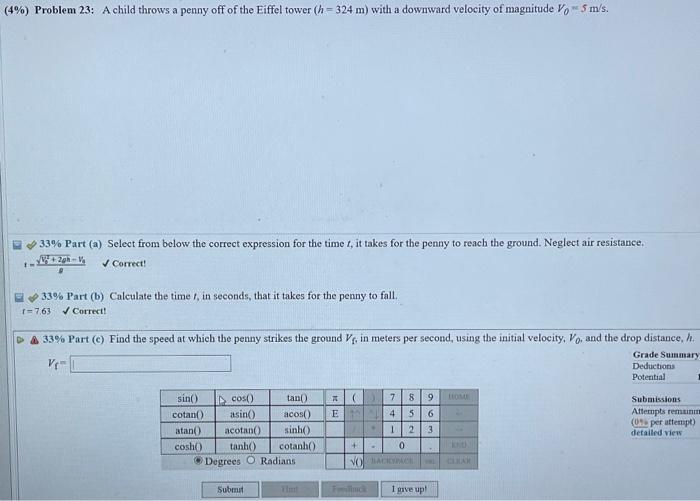 Solved (4\) Problem 23 A child throws a penny off of the