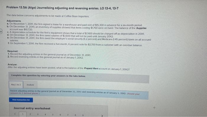 Solved Problem 13.5A (Algo) Journalizing odjusting and | Chegg.com
