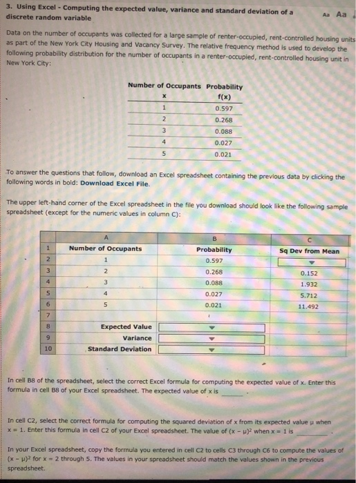 Solved 3. Using Excel Computing the expected value,