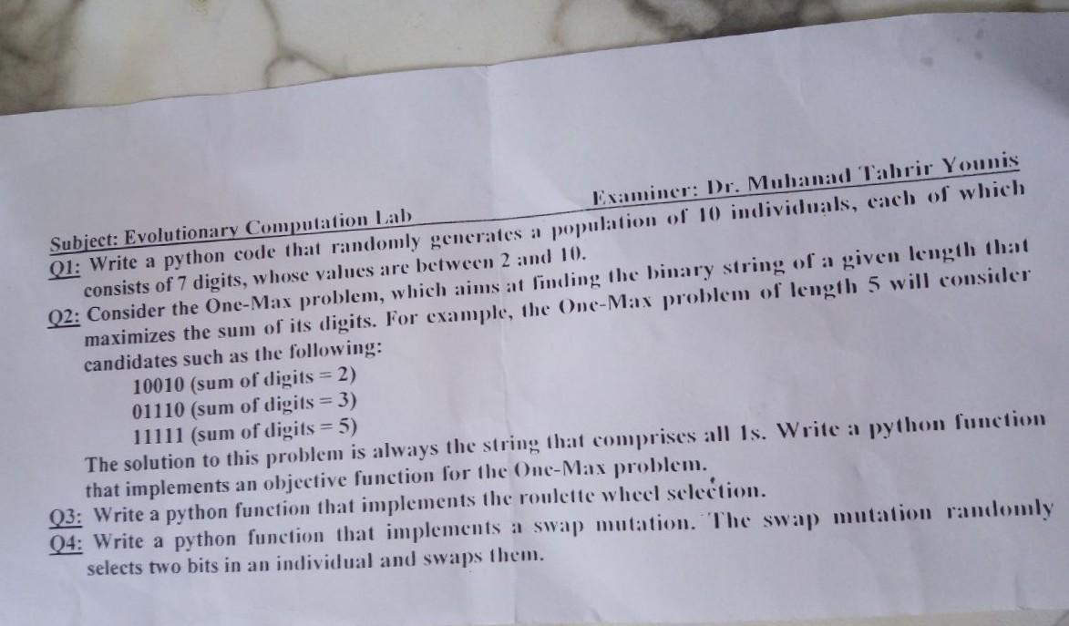 Solved Subject: Evolutionary Computation Lab consists of 7 | Chegg.com