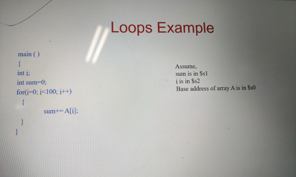 Solved Loops Example main Assume, sum is in Ss1 i is in $s2 | Chegg.com