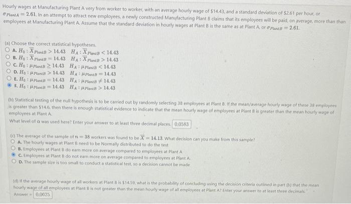 Solved Hourly wages at Manufacturing Plant A very from | Chegg.com
