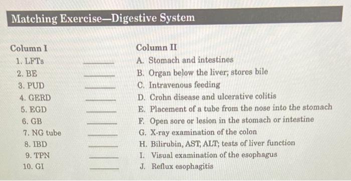 Solved Matching Exercise-Digestive System Column 1 1. LFTS | Chegg.com