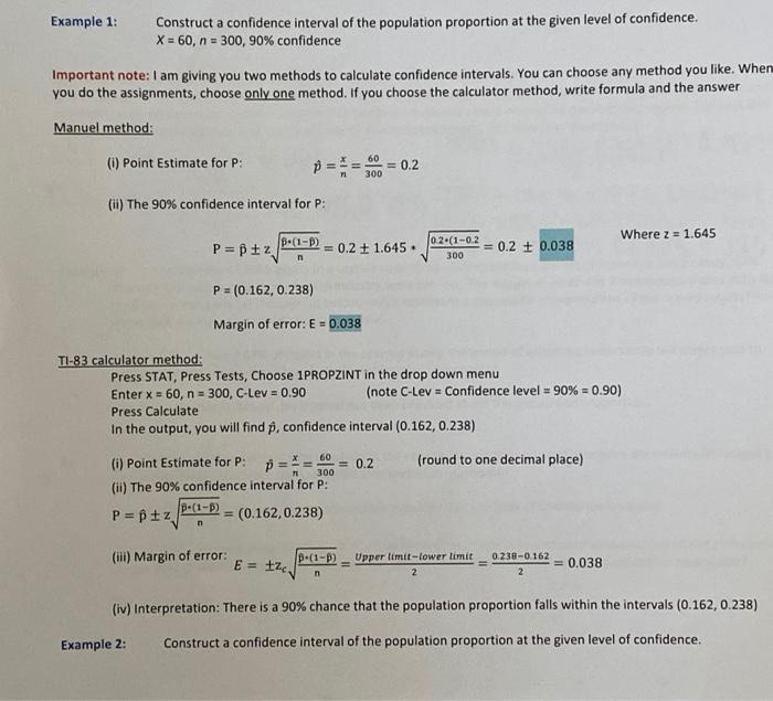 Solved Example 1: Construct a confidence interval of the | Chegg.com