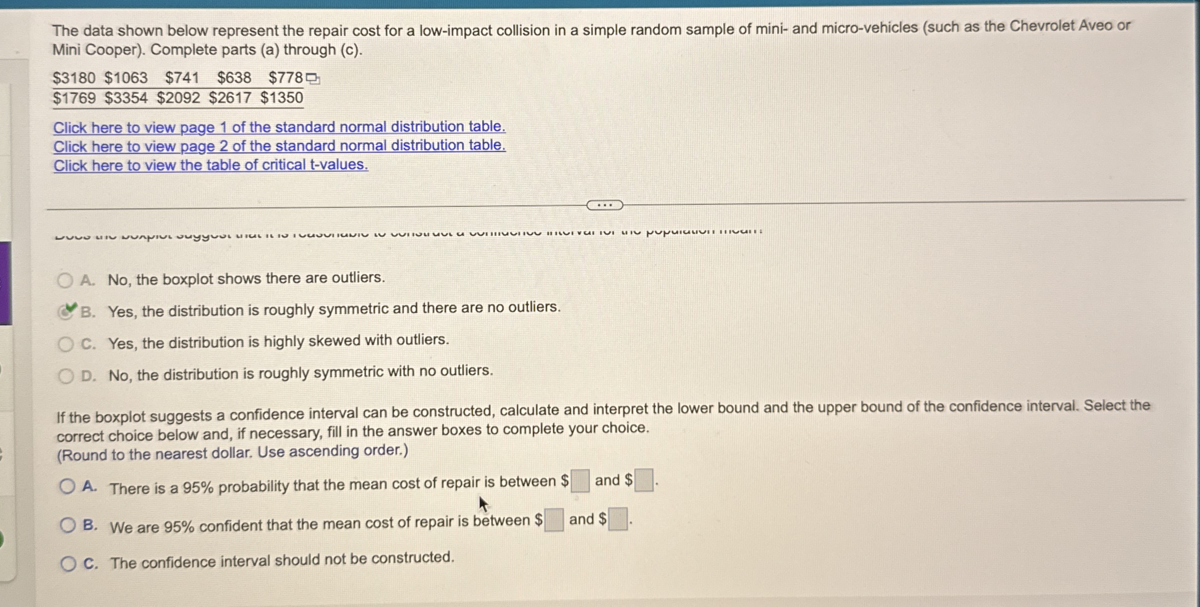 Solved The data shown below represent the repair cost for a | Chegg.com