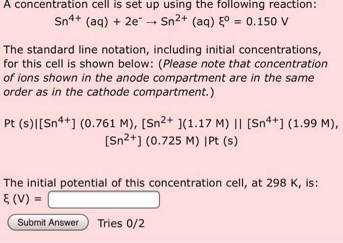 Solved A Concentration Cell Is Set Up Using The Following Chegg Com
