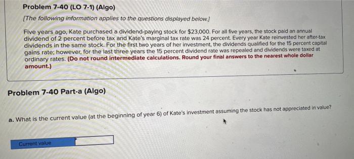 Solved Problem 7-40 (LO 7-1) (Algo) [The following | Chegg.com