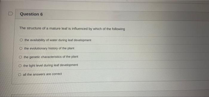 Solved D Question 6 The structure of a mature leaf is | Chegg.com