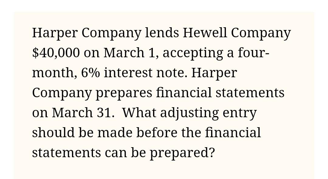 Solved Harper Company lends Hewell Company 40,000 on March