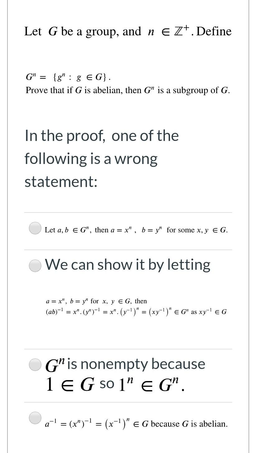 Solved Let G Be A Group And N Ez Define G Gh G Eg Chegg Com